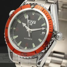 Casual Men Auto Mechanical Wrist Watch Stainless Steel Orange Handsome Case Hour