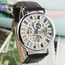 Casual Style See Through Skeleton Case Mens Manual Mechanical Wristwatch Leather