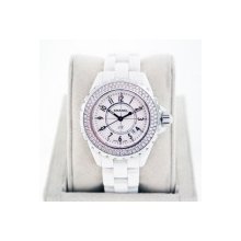 Chanel J-12 H0967 White Ceramic Watch with Pave Diamond Bezel