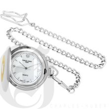 Charles Hubert Classic High Polish Silver and Gold Tone Pocket Watch and Chain with Engraving Shield 3672