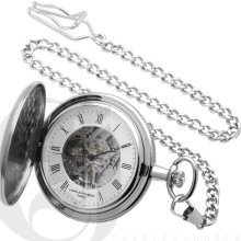 Charles Hubert Classic Mechanical Movement Chrome High Polish Silver Tone Pocket Watch 3576-W