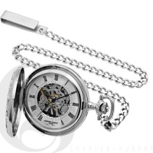 Charles Hubert Classic White Dial Pocket Watch with Sterling Silver Chain 3751