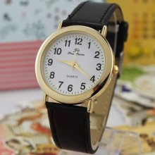 Charm Golden Case White Dial Quartz Analog Numberals Lady Watch Women Leather