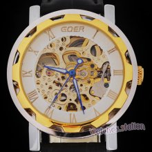 Charm Mens Gold Mechanical Self-wind Skeleton Automatic Wrist Watch Leather