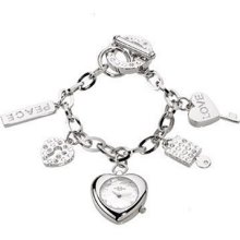 Chronostar Fashion Silver Alloy Heart Shaped White Dial Watch With Band Bracelet Charms And Crystals