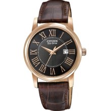 Citizen Ladies Eco-Drive Rose Gold Stainless Steel Case Leather Bracelet Black Dial Date Display EW1569-01E