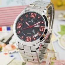 Classic Black Face Double Calendar Week Watch Mens Quartz Red Num Steel