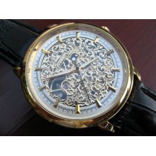 Classic Goldtone Automatic Mechanical Wrist Watch with Black Leather Wristband - Unisex - Steampunk - Men - Groomsmen - Watch - Item MWA009