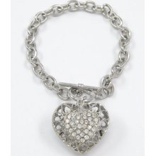 Clear Rhinestone Heart Love Charm Toggle Bracelet