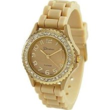 Cream w/ Gold Bezel Geneva Crystal Rhinestone Watch Silicone Jell ...