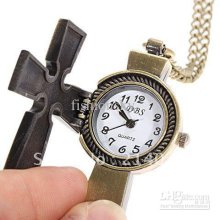 Crucifix Shaped Quartz Pocket Watch With Copper Chain Belt