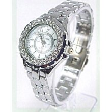 Crystal Bezel Links Band Clipper Bracelet Watch Silver Tone Designer