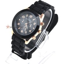 Crystal Classic Silicone Band Quartz Wrist Watch - Black