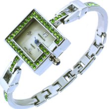 Crystal Green Bezel White Face Silver Metal Bangle Watch Bracelet