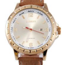 Curre Round Dial Men's Analog Fashion Quartz Watch With Calendar Leather Strap