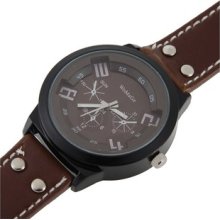 Cute 9622 Fashion Round Shaped Faux Leather Men's Analog Wrist Watch Brown