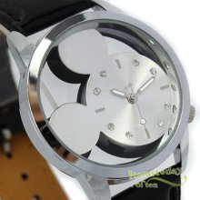 Cute Design Women Girl Quartz Watch Cool Silver Hollow Black Leather Gift