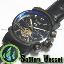 Date Week Automatic Mechanical Mens Wrist Watch Black Leather Tourbillon