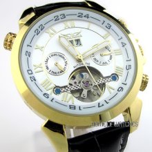 Deluxe Men's Golden White Dial Self-wind Auto Mechanical Sub-dials Wrist Watch