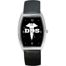 Dentist Caduseus on a Barrel Watch w/ Leather Band NEW - Black - Silver Tone