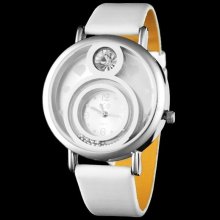 Diamond Inlaid Round White PU Leather Analog Watch for Women - White - Stainless Steel