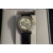 Disney Mickey Mouse Silver And Black Watch W/silver Diamond Dial