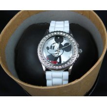 Disney Watch Mickey Mouse Rhinestone White New White Band+ Box