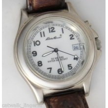 Eddie Bauer Men's Silver Tone Case Backlight Dial Date Brown Leather Strap