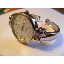 Eikon Large Round Face Silver Metal Silver Bezel Narrow Metal Cuff Band Watch Metal Silver