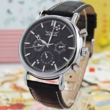 Elegant Black 6 Hands Date/day Automatic Hq Watch Mens 24hrs Leather Crystal