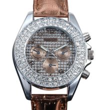 Elegant Coffee Crystal Dial Women Coffee Genuine Leather Band Ladies Wrist Watch