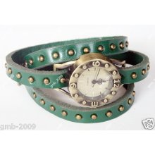 Ew Fashion&beauty Green Leather Retro Style Men's Women's Quartz Hands Watch Gif