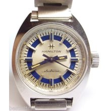 Excellent Lady Vintage 1970s Hamilton Electronic Tutone Silver Blue Dial Watch