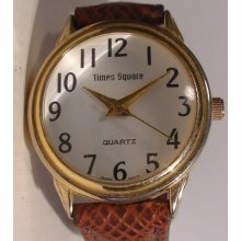 Excellent Sporty Gold Tone Ez Read Brown Gen Leather Bnd Ladies Watch Works(r1)