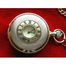 Exquisitely Engraved SILVER Tone Quartz Pocket Watch & Belt-Vest Button Chain