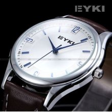 Eyki Men Silver Case White Dial Analog Leather Quartz Wrist Watch Dailyetrade