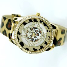 Fabulous Style Lady's Fashionable Quartz Watch Goledn Leopard Strap Rhinestone