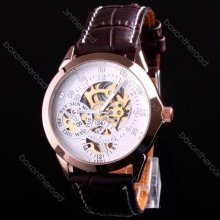 Fashion Business Men Brown Leather Date Tourbillon Auto Mechanical Watch