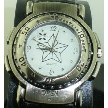 Fashion Fancy Five Point Star Logo Two Side Black Leather Watch Bracelet