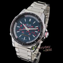 Fashion Jp Quartz Sports Wrist Watch Silver Stainless Steel Red Led Light 10m Wr