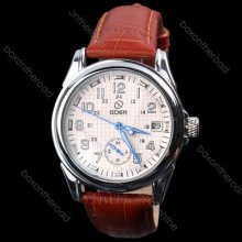 Fashion Men 24-hours Calendar Date Brown Leather Band Mechanical Wrist Watch