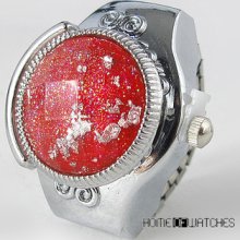 Fashion Red Glass Elastic Finger Ring Quartz Watch Special Gift