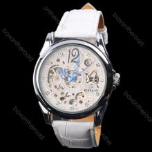 Fashion Roman Men White Band White Skeleton Mechanical Wrist Watch