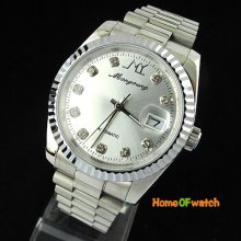 Fashion Silvery Stainless Steel Calendar Automatic Mechanical Men's Wrist Watch