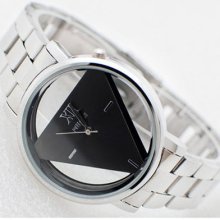 Fashion Transparent Mens Women Triangle Black Dial Stainless Steel Wrist Watch