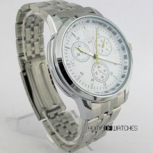 Fashion White Sub-dial Decor Mens Stainless Steel Quartz Watch