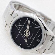 Fashion Wilon Geometric Decorated Womens Mens Stainless Steel Wrist Watch Black