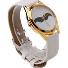 Fashion Women Ladies Witty Mustache Alloy Leather Quartz Wrist Watch White - White - Leather - 3