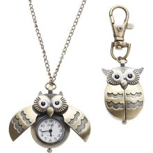 Feather Unisex Less Owl Style Alloy Analog Quartz Keychain Necklace Watch (Bronze)