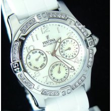 Festina Lady White Steel Swarovski Stones Rubber Band F16021/d Save $$$